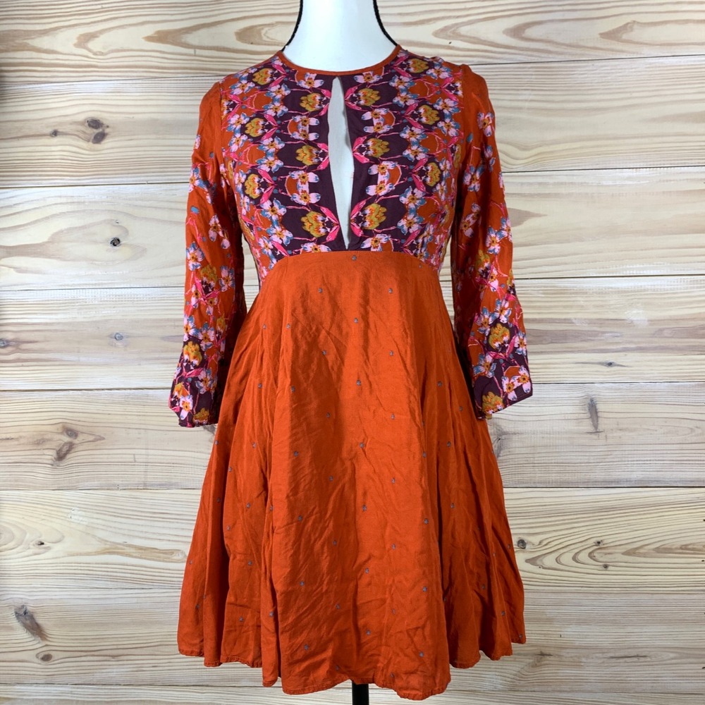 Ecote‎ Floral Mini Dress Women S Dark Floral Boho Bell Sleeve Open Back Festive